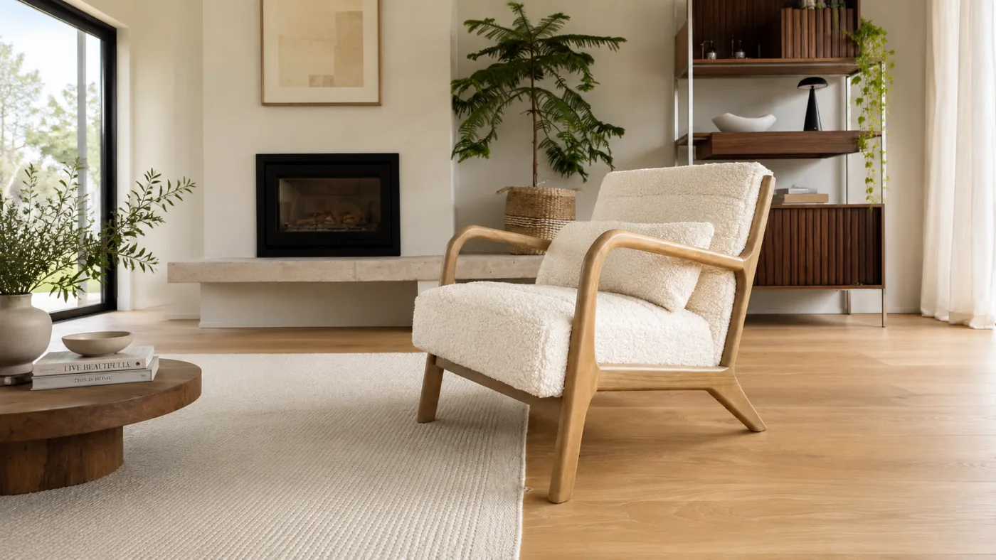 A cream bouclé accent chair in a bright, softly lit living room
