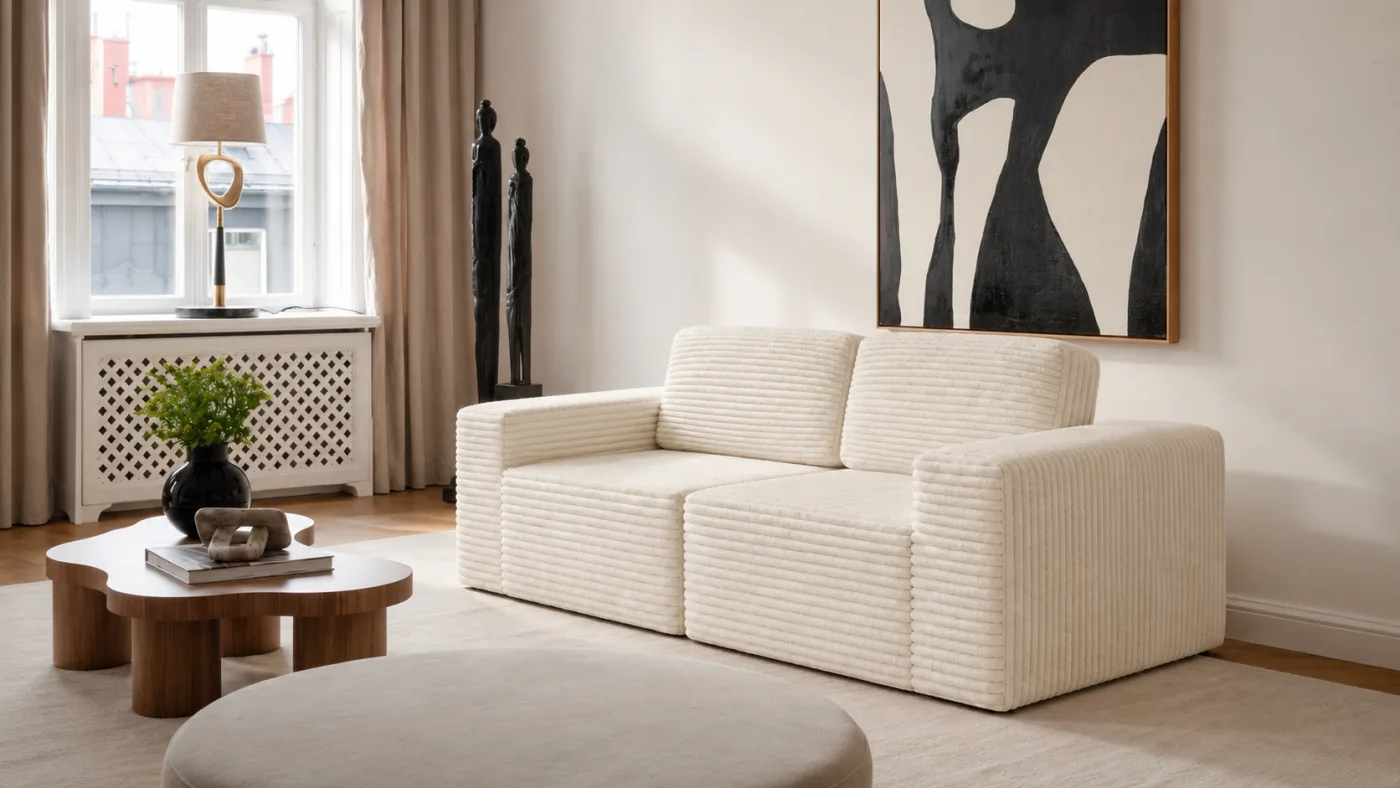 A bright, airy summer living room styled with a light sofa and natural materials