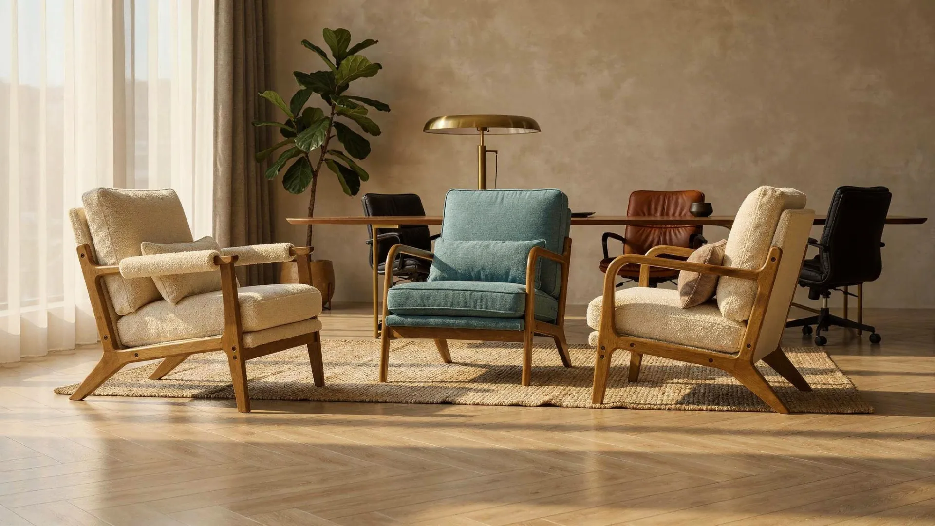 A bouclé accent chair beside a chenille accent chair in a softly lit living room